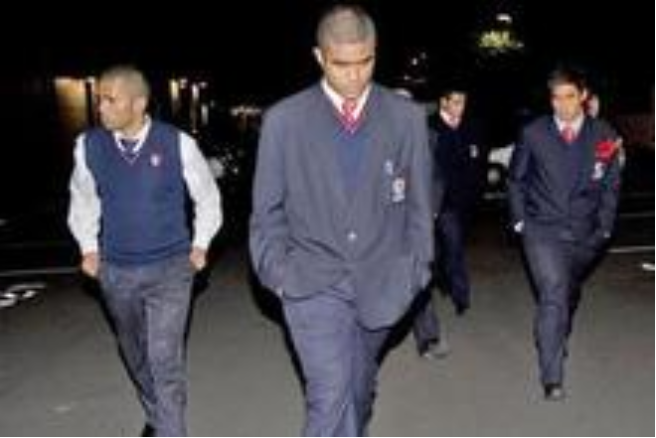 Violent rugby brawling members of the Kelston Boys 1st XV leave Eden Park after the rugby union hearing. 