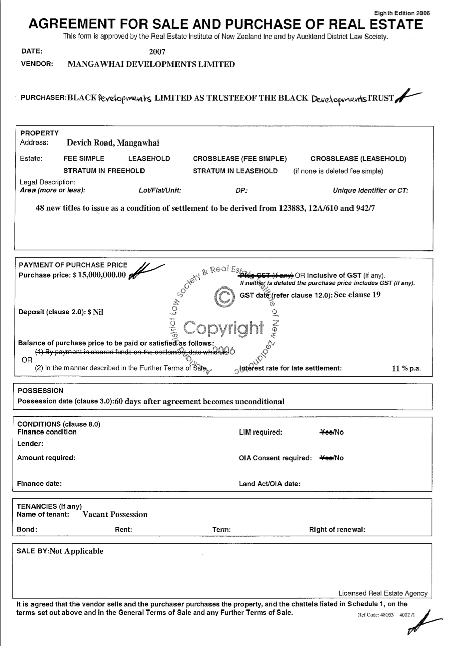 Blomfield drought offer to Mangawhai developments Limited for sale and purchase of their development (Click to enlarge)