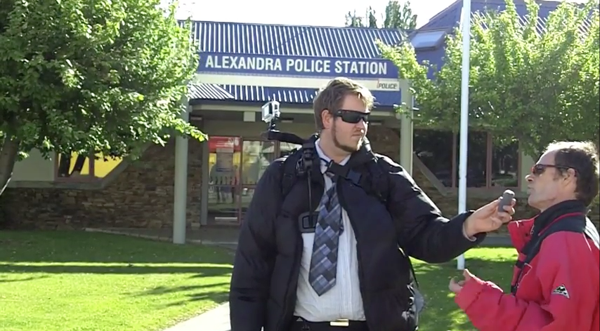 Chris Wardill of Alexandra Central Otago being interviewed by Vinnie Eastwood outside the local police Station, Wardill now joins ex MP Tua Hererai as the latest Kiwi to be charged by police with breaking a name suppression order.