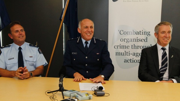 Former Tasman police district commander, Superintendent Gary Knowles (left), former deputy commissioner of Police Rob Pope, and former OFCANZ director Malcolm Burgess (right) were all smiles at a news conference regarding Operation Explorer in March, 2011.